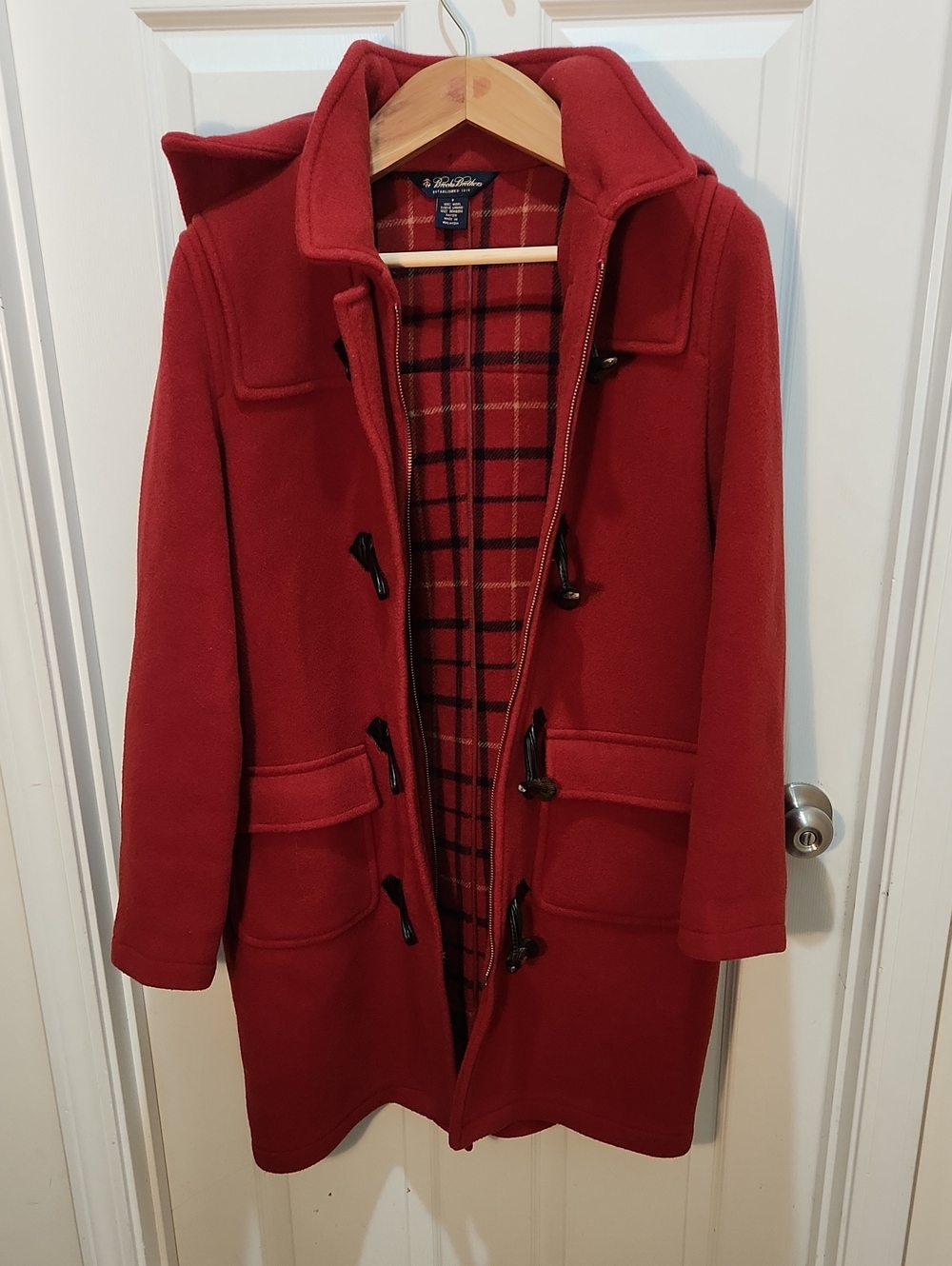 Brooks Brothers Red Wool Toggle Peacoat with Plaid Lining